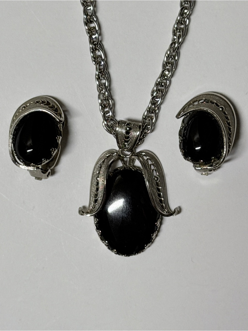 Vintage Western Germany black agate necklace and clip Earrings Set
